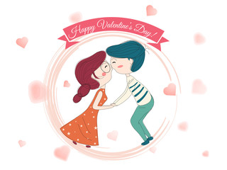 Cute couple in romantic pose on heart decorated background for Valentine's Day celebration poster or greeting card design.