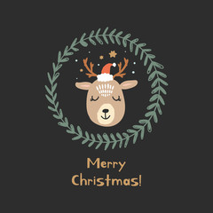 Vector cute winter polar deer Santa with text