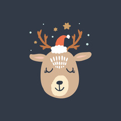 Vector cute funny winter polar deer Santa
