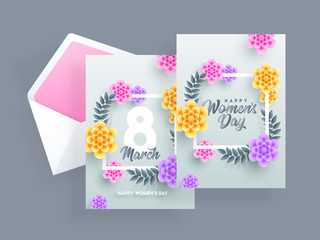 Women's Day greeting card design decorated with paper flowers on gray background.