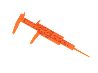 Orange vernier calipe tool for measuring instrument dimensions,isolated on white background