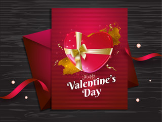 Happy Valentine's Day greeting card design on wooden texture background.