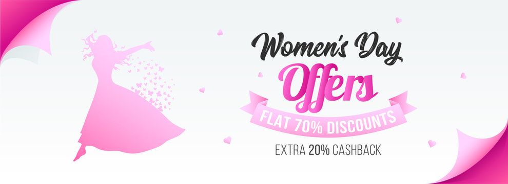 Curl paper style banner or poster design, 70% discount with extra 20% cashback offer and illustration of woman character for Happy Women's Day celebration.