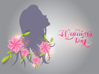 Silhouette of girl with paper cut flowers on gray background for Happy Women's Day poster or greeting card design.