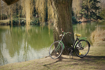 Fototapeta na wymiar old bike standing beneath weeping willow tree at a lake with retro filter 