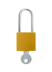 gold padlock  with key on white background