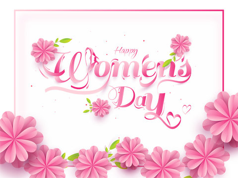 Paper cut flowers decorated poster or banner design with stylish lettering of Women's Day.