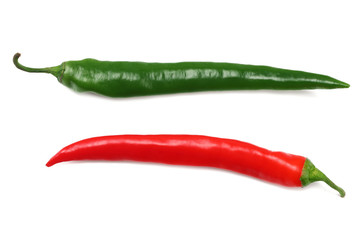 green and red hot chili peppers isolated on white background. top view