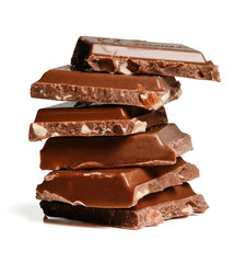 Chocolate bars stacked on a white isolated background