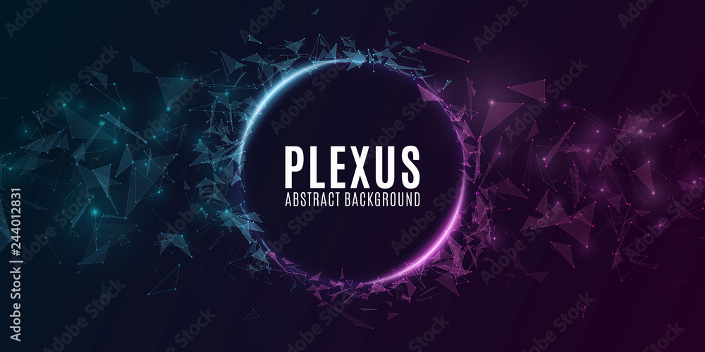Poster geometric plexus banner of flying triangles and dots on a dark background. purple and blue glowing c