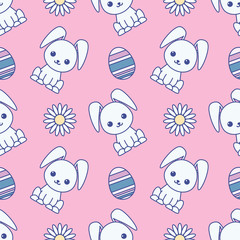 Seamless pattern dedicated to Easter with the image of rabbits, painted eggs and chamomiles. Colorful illustration. EPS 10