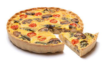 Traditional french Baked homemade quiche pie isolated