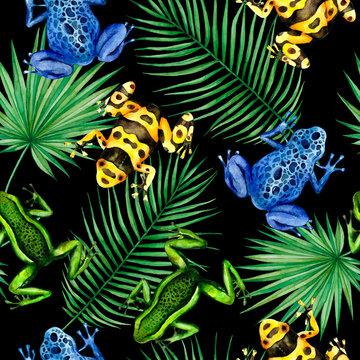 Seamless watercolor pattern with tropical leaves and frogs. Hand painted illustration isolated on black background. © Екатерина Роменская