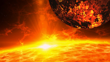 Hot volcanic exoplanet over star surface with plasma eruption and energy explosion. Distant space research concept 3D illustration. © Skórzewiak