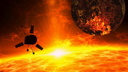 Spacecraft flying over solar eruption - exoplanet exploration