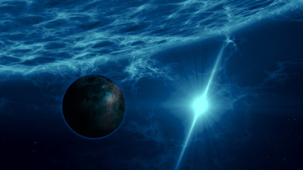 Rocky exoplanet orbiting in distant quasar system. Planet over blue star surface with plasma eruption and energy explosion. Distant space research art concept 3D illustration.