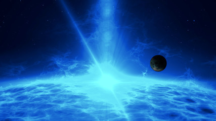 Fototapeta na wymiar Rocky exoplanet orbiting in distant quasar system. Planet over blue star surface with plasma eruption and energy explosion. Distant space research art concept 3D illustration.