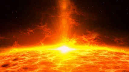 Foto op Canvas Sun eruption with large energy flares. Plasma matter eruption over star surface. Space exploration 3D abstract background. © Skórzewiak