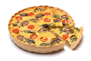 Traditional french Baked homemade quiche pie isolated