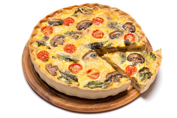 Traditional french Baked homemade quiche pie isolated