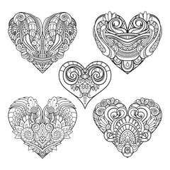 Vector Monochrome Set of Hearts. Valentine's Day. Ethnic Decorative Elements. Abstract Objects Isolated On White Background