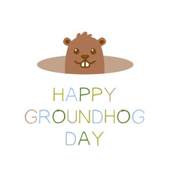 Happy Groundhog day, welcome of spring. Cute cartoon groundhog with colorful pastel text. Isolated on white background.