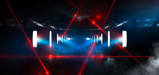 Dark tunnel, corridor, rays of light, searchlights, light in windows, red laser. Abstract black...