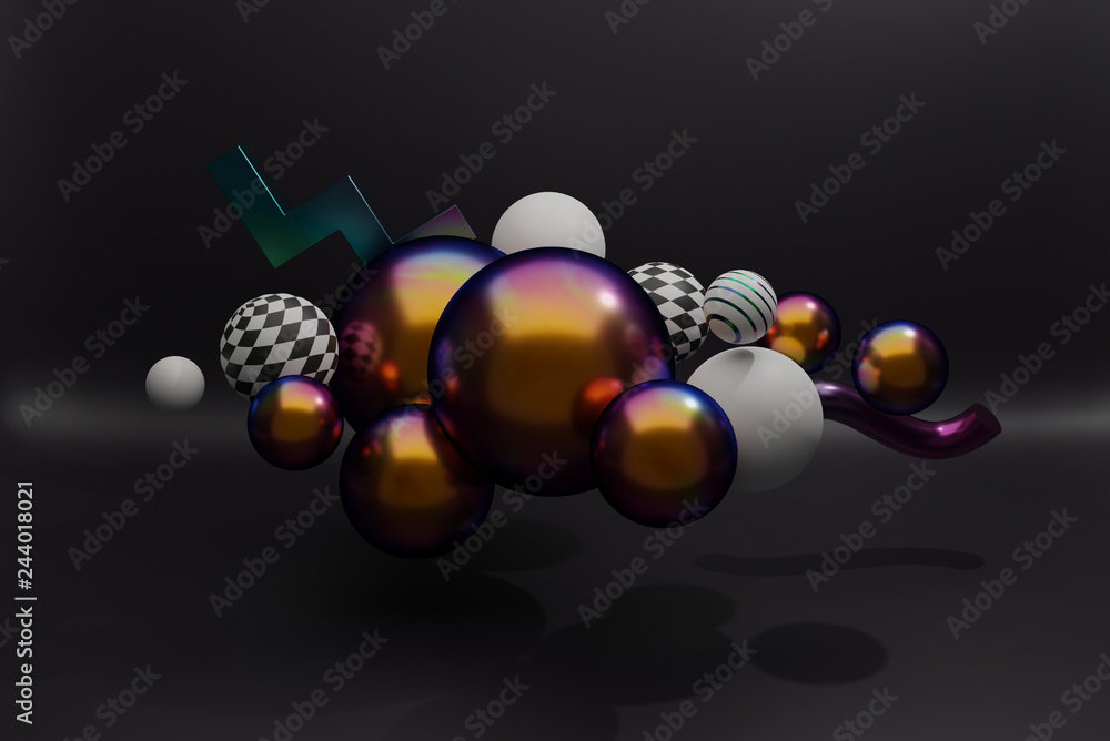 Poster cluster of spheres and shapes with metallic and patterned surface, memphis inspired. 3d render / ren