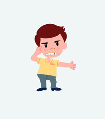 Businessman in casual style, is angry and points his head with his index finger.