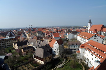 Torgau, Rundblick vom Schlossturm auf Stadt und Elbe 