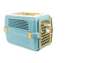 Pet carriers for move or travel animals on isolated white.  Pet supplies concept