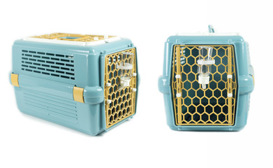 Pet carriers for move or travel animals on isolated white.  Pet supplies concept