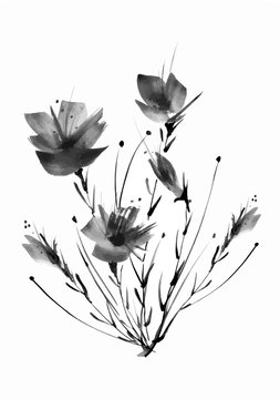 recommend clip art:  Vector vintage postcard, black, monochrome, gray card, frame. With a picture of summer flowers. Garden plants,roses. Wild flowers, field, garden - lily, silhouette poppies, roses. 