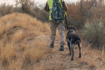 Silhouette of a hunter with a gun in the reeds against the sun, an ambush for ducks with dogs	