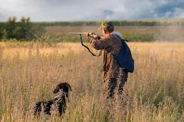 Silhouette of a hunter with a gun in the reeds against the sun, an ambush for ducks with dogs	