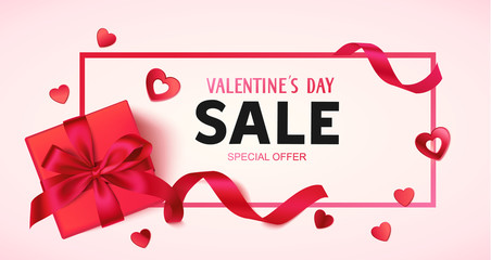Fototapeta na wymiar Valentine's day sale design template. Pink banner with gift box, red bow and decorative heart confetti. Vector illustration