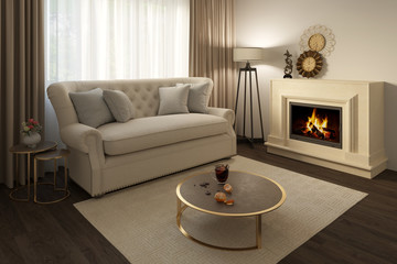 3d illustration of a cozy beige livingroom