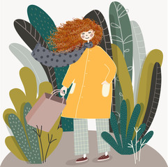 Cute vector illustration of happy girl female with blowing red curly hair wears yellow coat walking with shopping bag after sales day. Poster, decor for nursery room,  kids wear design, card