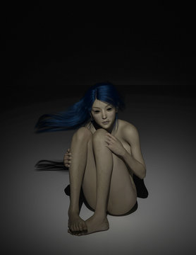 scared woman in the dark 3d render