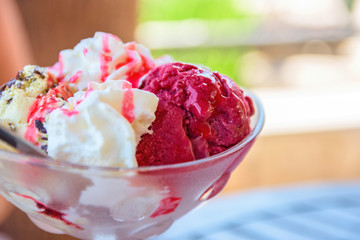 Strawberry Ice Cream In Bowl With Sauce