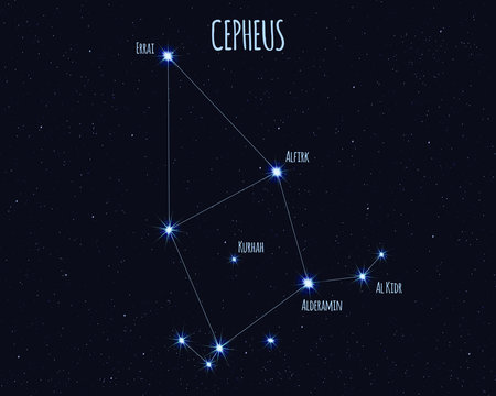 Cepheus constellation, vector illustration with the names of basic stars against the starry sky
