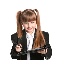 Portrait of cute little businesswoman on white background