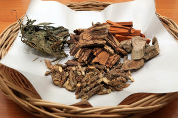 Dried Herbs in tray for sacrificial offering or alternative medicinal herbal for erectile dysfunction therapy.