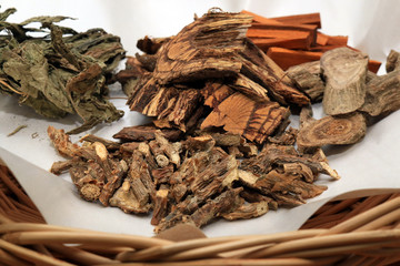 Dried Herbs in tray for sacrificial offering or alternative medicinal herbal for erectile dysfunction therapy.