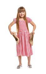 Fototapeta premium Portrait of cute little fashionista on white background