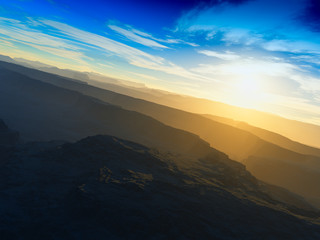 Fototapeta na wymiar Dramatic sunset at high altitude mountains 3d rendering design element background