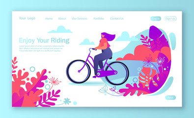 Healthy lifestyle concept for mobile website, web page. Bicycle riding girl. Park with trees and plantrs on background. Flat, cartoon, trendy, vector illustration.