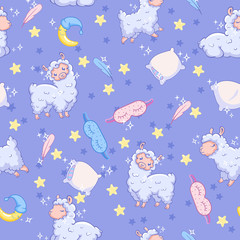 vector seamless pattern with sheep, sleep mask, pillow, crescent. Can be used for print design, gift paper, kids wear, website, celebration greeting, postcard, sticker, t-shirt, mug and other design.