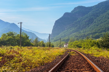Fototapeta na wymiar Serene landscape with rusty railway track passing through Cozia mountains along Olt river gorge in Valcea county, Romania.