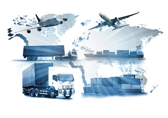 Transportation, import-export and logistics concept, container truck, ship in port and freight...